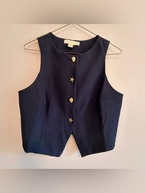 Monteau Los Angeles Navy Sleeveless Vest Beachy Sea Shells Buttons Large